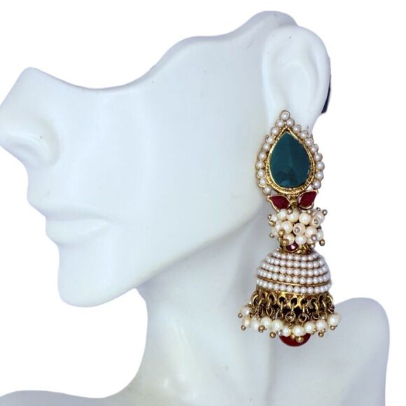 Kundan Polki Jhumka White Pearl Earrings Chandelier Glass Red Green Gold Wedding - Picture 3 of 15
